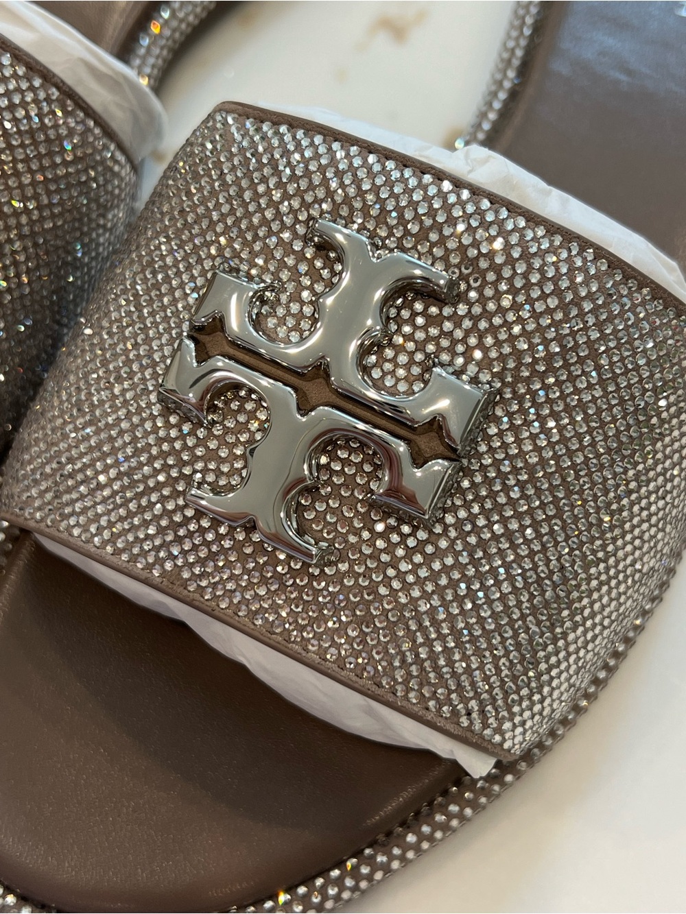 Tory Burch Everly Slide Crystal Logo Slide Sandals - Dark Clay / Crystal - Picture 2 of 5